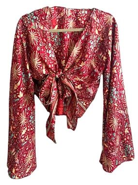 100% Silk Bohemian Tie-Front Red Floral Crop Top